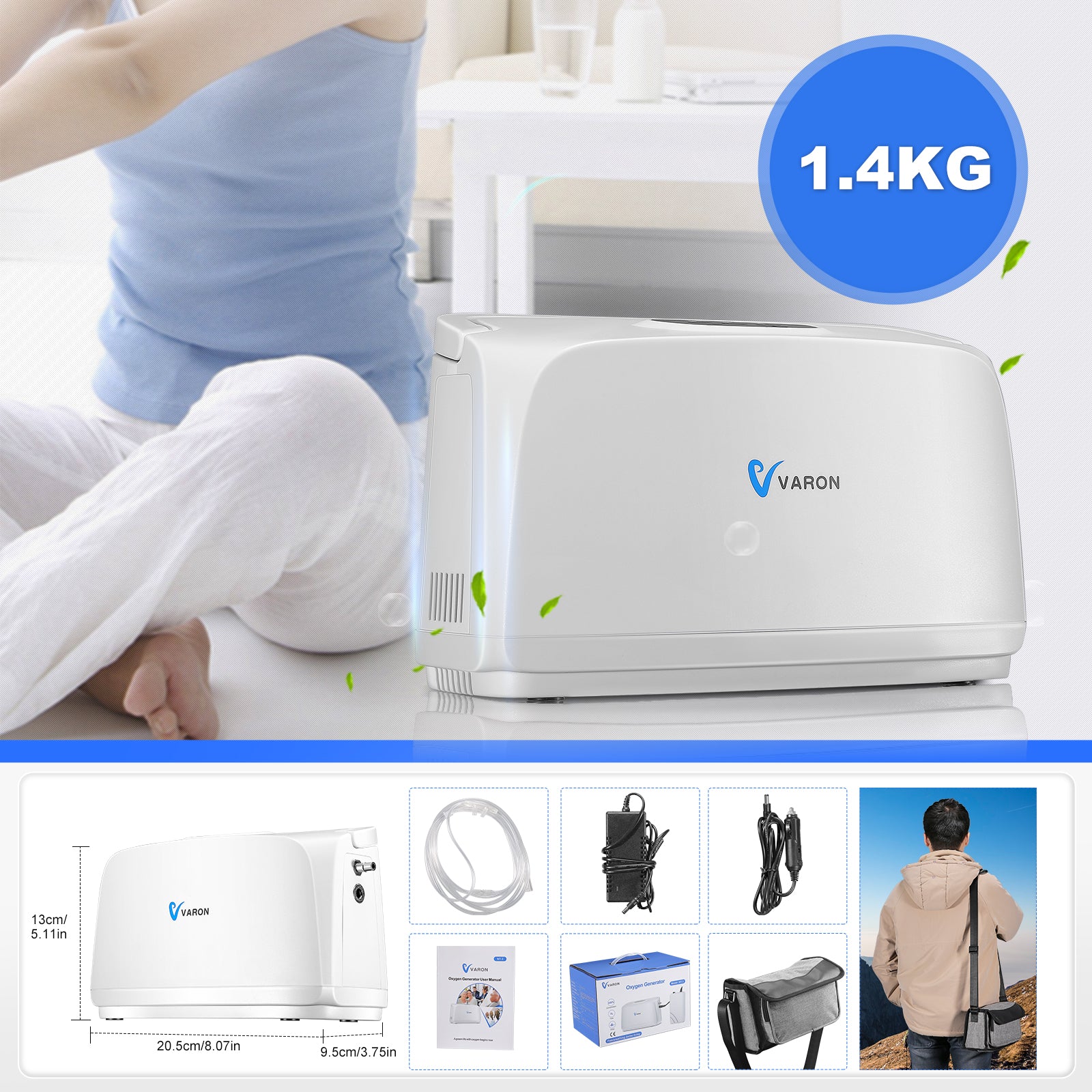 El concentrador de oxígeno liviano VARON VL-1 pesa solo 3,08 lb (1,4 kg)