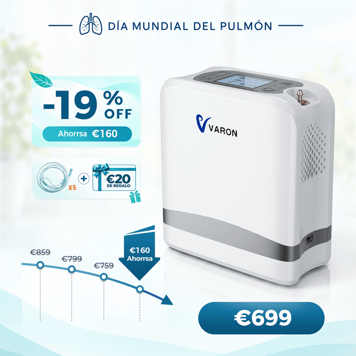 VARON VP-8 Lite | Concentrador de oxígeno de flujo pulsado ligero de 2 kg (7 niveles de flujo)