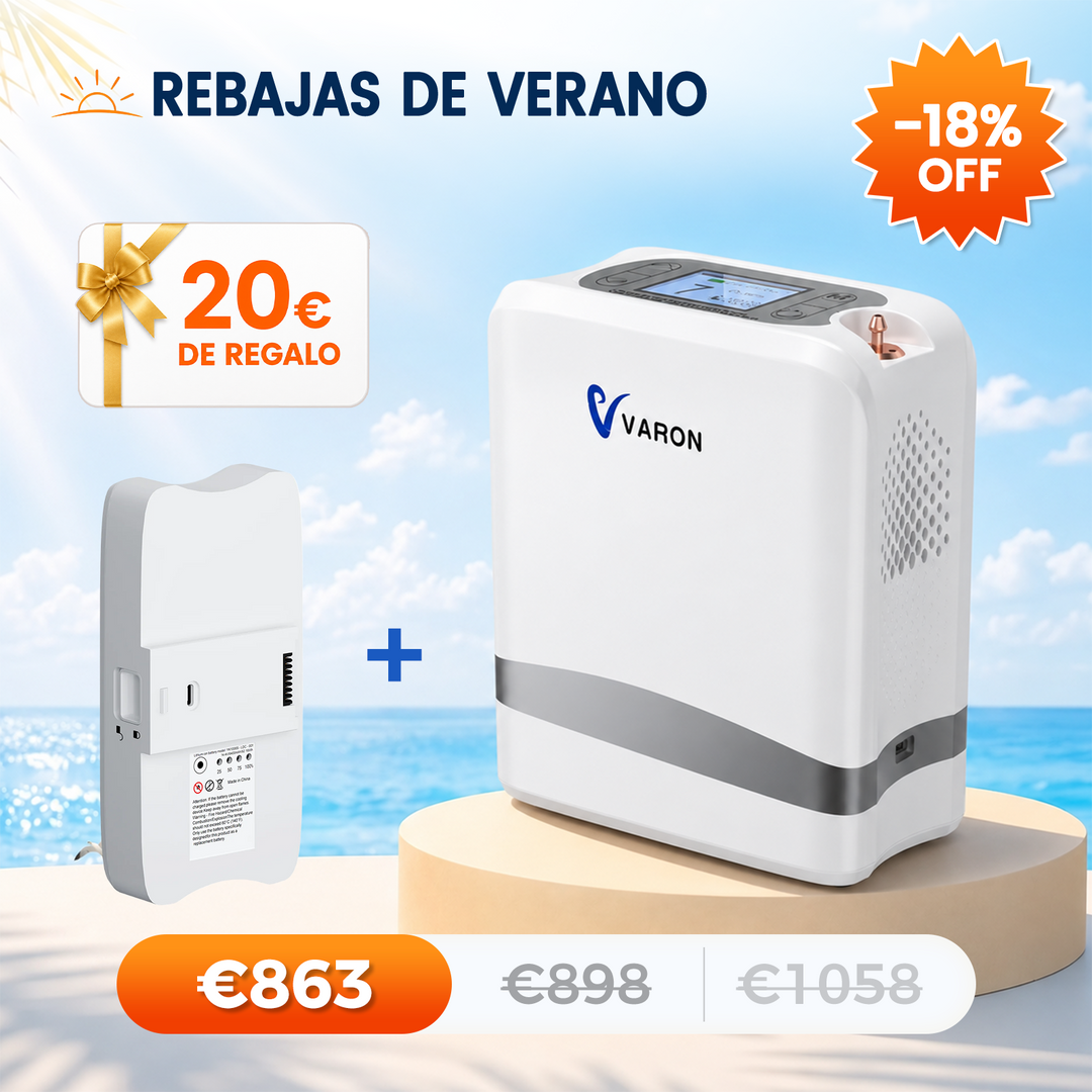 VARON VP-8 Lite | Concentrador de oxígeno de flujo pulsado ligero de 2 kg (7 niveles de flujo)