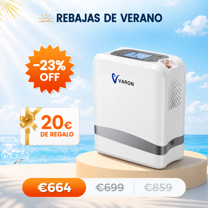 VARON VP-8 Lite | Concentrador de oxígeno de flujo pulsado ligero de 2 kg (7 niveles de flujo)